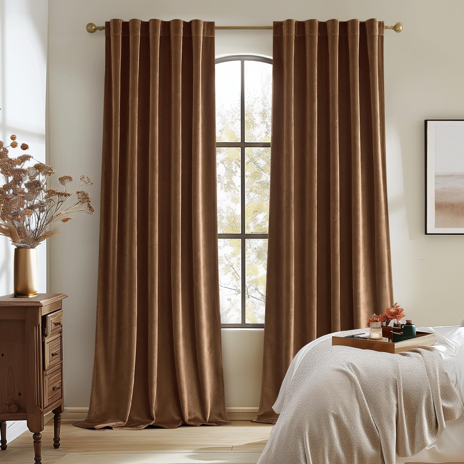 Woaboy Back Tab & Rod Pocket Velvet Curtains 96 Inches Long 2 Panels Set, Brown Classical Thermal Insulated Light Blocking Window Drapes for Bedroom Living Room Nursery Privacy, W52 x L96