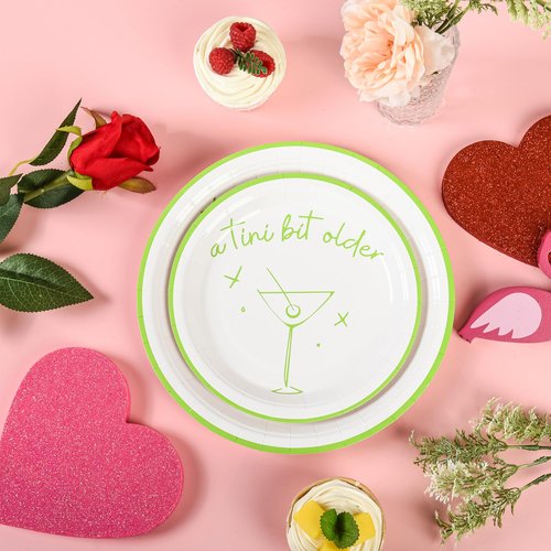 Elyxio 48Pcs A Tini Bit Older Party Plates Martini Bar Disposable Paper Plate Weenies and Tinies 9" and 7" Dinner Dessert Plates for Espresso Bachelorette Trendy Green Party Supplies