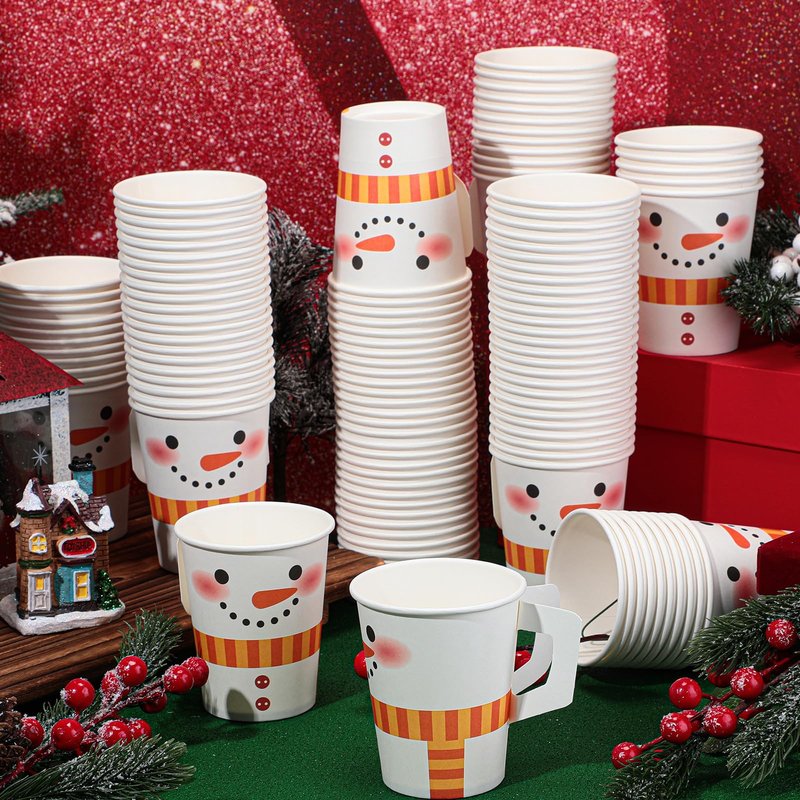 Zhehao 120 Pcs 9 oz Christmas Espresso Paper Cups with Handles Christmas Cups Disposable Tea Cups Disposable Coffee Mugs for Kids Adults Beverage Holiday Xmas Party Supplies (Snowman)