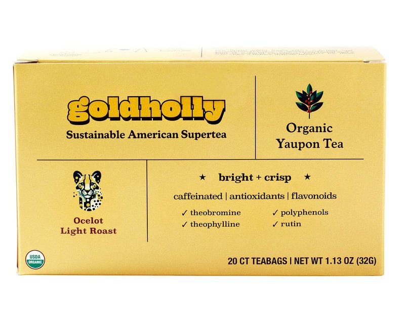 Goldholly Organic Yaupon Tea Bags - Ocelot Light Roast, 20 Count | American Organic Tea for Clean No-Jitter Energy & Focus | Caffeine & Theacrine, Smoother than Traditional Teas | Gold Holly Yaupon