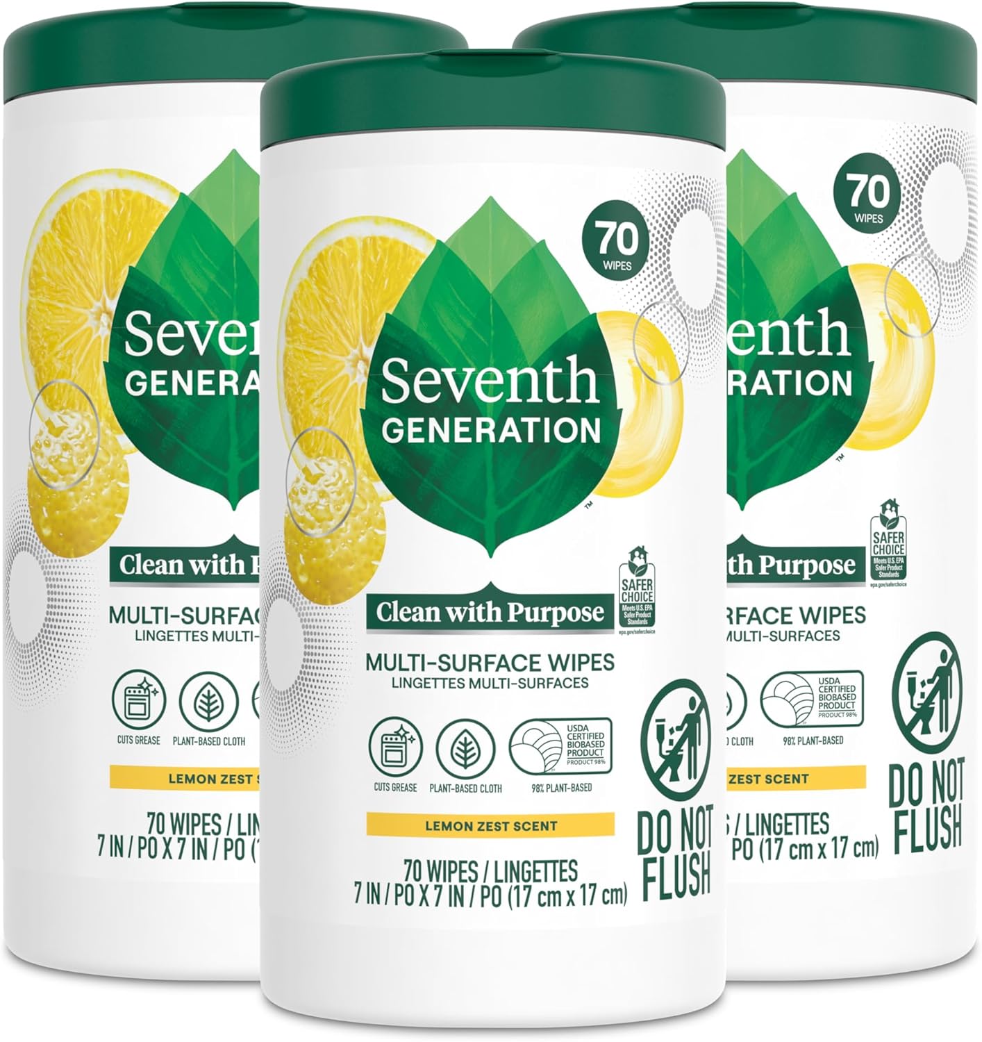 Seventh Generation Multi-Surface Wipes - Lemon Zest Scent | 100% Essential Oils, 70 Ct Each, Pack of 3