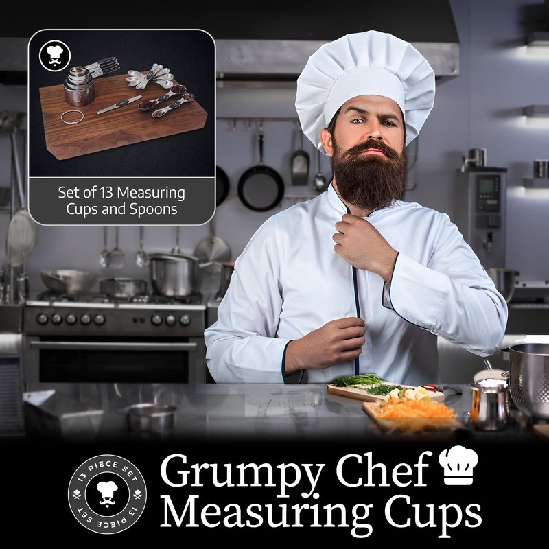 GRUMPY CHEF Stainless Steel Measuring Cups and Spoons Set with Magnetic Leveler – 13-Piece Nesting Set, Dual-Sided Magnetic Spoons, Flat Bottom Design for Stability – Rust-Resistant, Dishwasher Safe