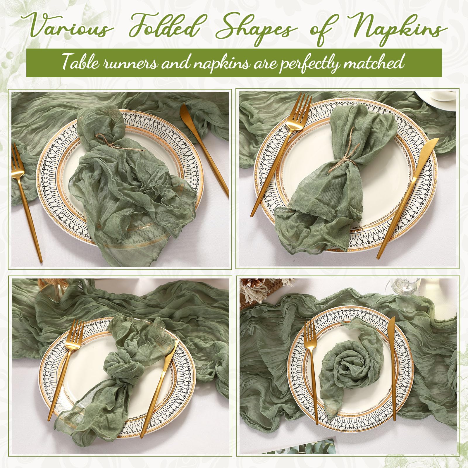 Windkream 4 Cheesecloth Table Runners and 48 Napkins Set, 10Ft Boho Cheese Cloth Table Runners 20 x 20 Inch Rustic Wrinkled Gauze Napkins for Wedding Birthday Baby Shower Party Decor (Sage Green)