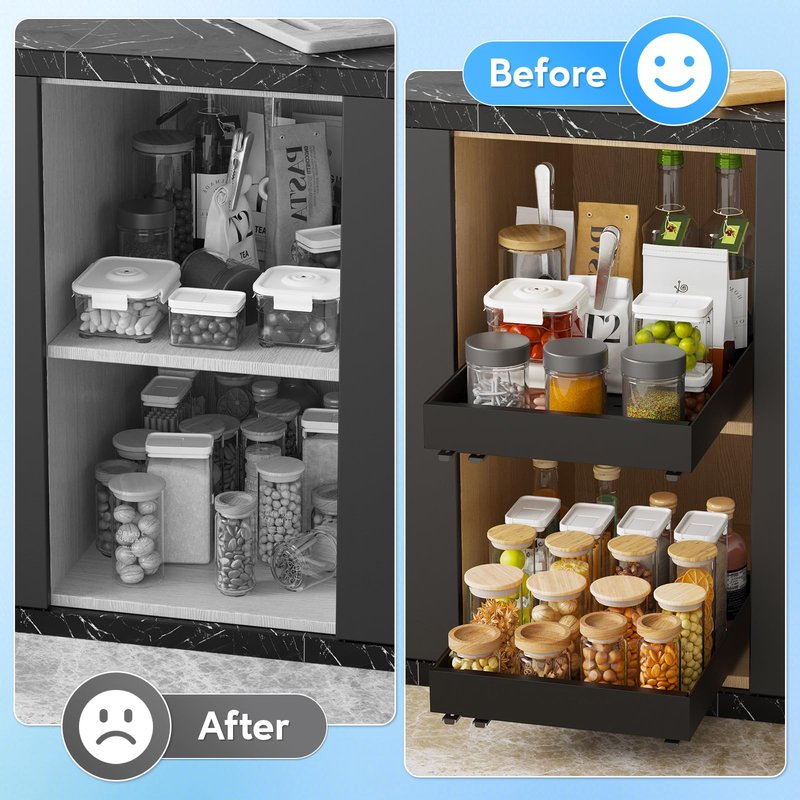 Pull Out Cabinet Organizer,Expandable(12.5"-20.6"W) Heavy Duty Slide Out Drawers Fixed with Adhesive Nano Film No Drill,Roll Out Cabinet Drawers for Kitchen,Bathroom,Pantry,16.5" Deep Black 2PC
