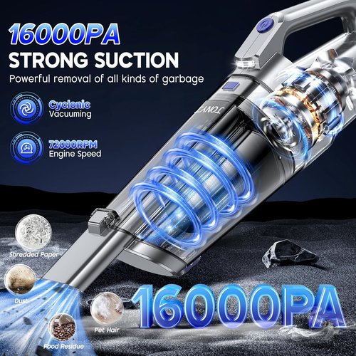 JONYJ Cordless Handheld Vacuum - 16000PA Strong Suction | Portable Rechargeable with Multi-Nozzles & LED Light