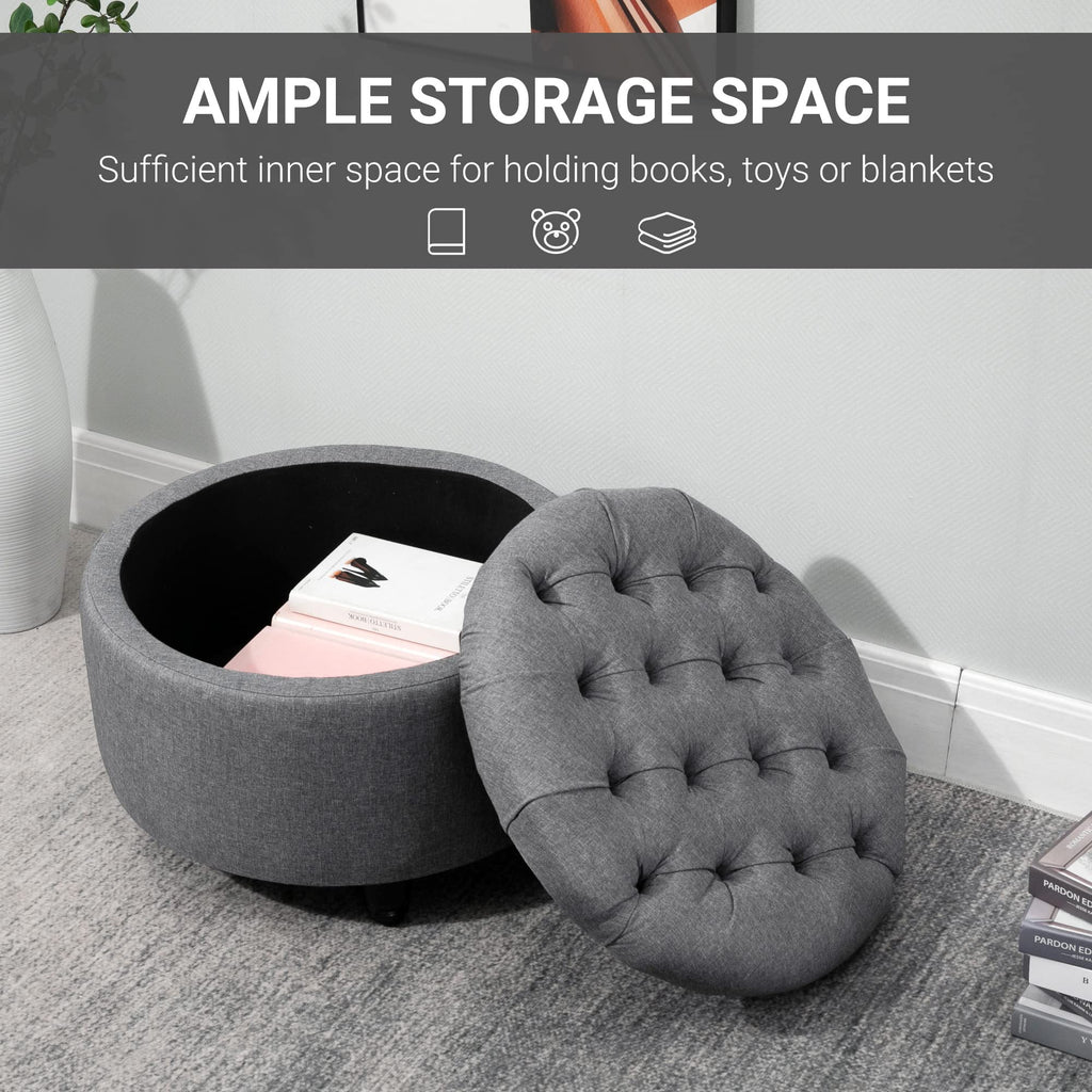 HOMCOM Round Linen-Touch Fabric Storage Footstool Ottoman Button Tufted Footrest with Removable Lid, Grey