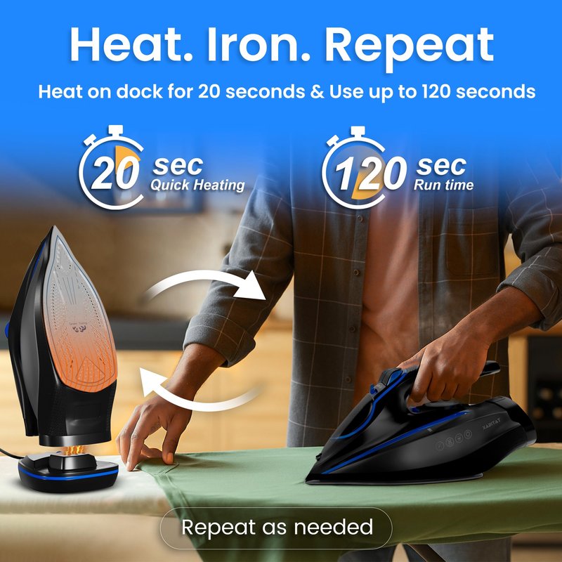 Xabitat Luxury Cordless Iron | 1500W Steam Iron | Anti Drip | Thermal Protection Technology | Nonstick Ceramic Soleplate | 2-in-1 Cord/Cordless (Black + Blue)