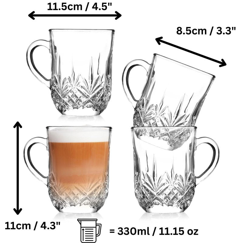 Muldale Set of 4 Crystal Coffee Mugs - Clear Glass Irish Tea Cups for Hot Drinks with Handles - Hot Toddy Glasses - 11.15 oz