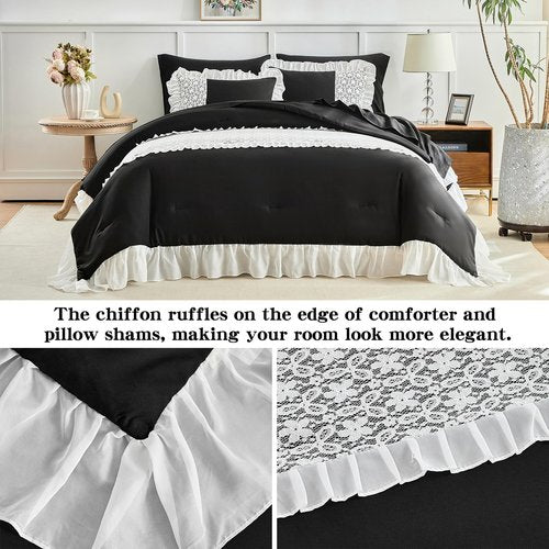 Joyreap Lace Ruffle Bed in a Bag Black, Twin Size 6pcs Chiffon Ruffled Comforter Sheet Set, Princess Style Luxury Microfiber Bedding Comforter Set for All Season