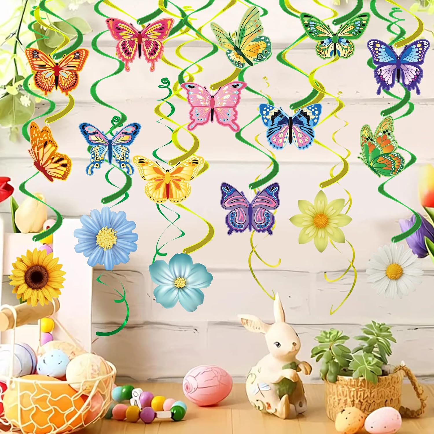 Skiennix 33-Piece Spring Hanging Decorations - Flower & Butterfly Swirl Streamers for Easter & Birthday Parties