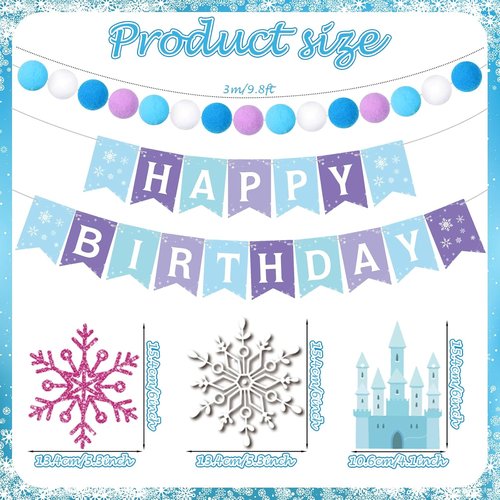 Fanfanwin Snowflake Birthday Banner - 5 Pcs Blue Snowflake Design with Felt Castle Decor | Winter Holiday Party