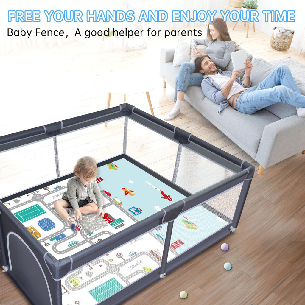 Baby Playpen with mat, Play Pen Playards, Playpen for Babies and Toddlers Play Pin Indoor Active Center Game Fence, 50x50 Inch, Grey