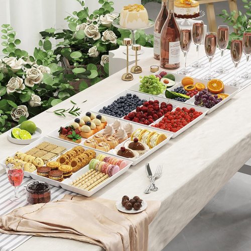 Lifewit Serving Tray Set - 4 Divided Plastic Platters for Food | 15" x 10" White Reusable Trays for Snacks, Veggies & Desserts