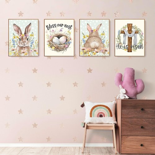LARTSFRO Easter Decor - Bunny & Egg Wall Art Prints | Spring Nursery Decor, 10x8 Inch Set of 4 Unframed