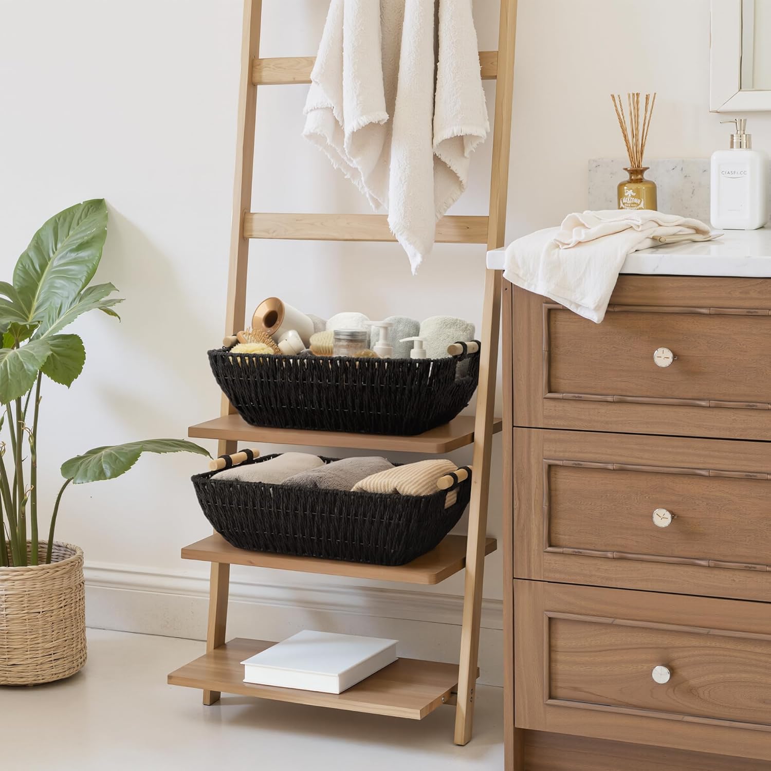 StorageWorks Large Wicker Storage Baskets - Organize with Style | Black, 2-Pack with Wooden Handles