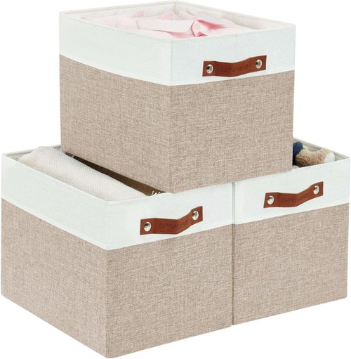 DECOMOMO Kallax Storage Cubes - 13x15x13 Stylish Bins for Shelf Organization | Beige & White, 3-Pack