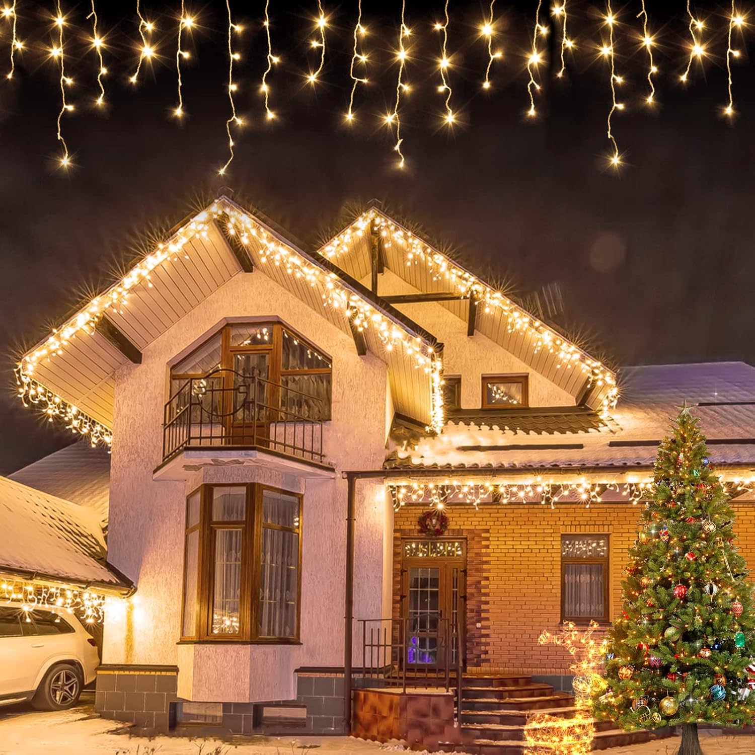 USOKYO Icicle String Lights - 480 LED Warm White Fairy Lights with 8 Modes & Timer | 39FT for Outdoor Use