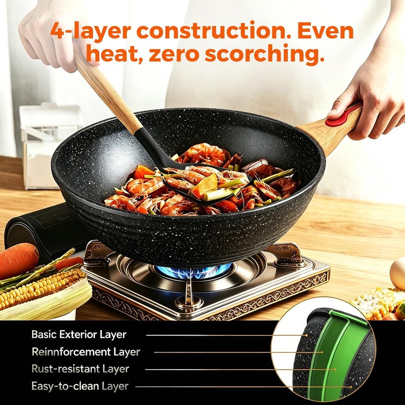 ITSMILLERS Nonstick Wok Aluminium Die-casting Chinese Wok, Scratch Resistant With Lid and Spatula, PFOA-Free, Dishwasher Safe & Induction Bottom,11.8 Inch,5QT,Large Capacity