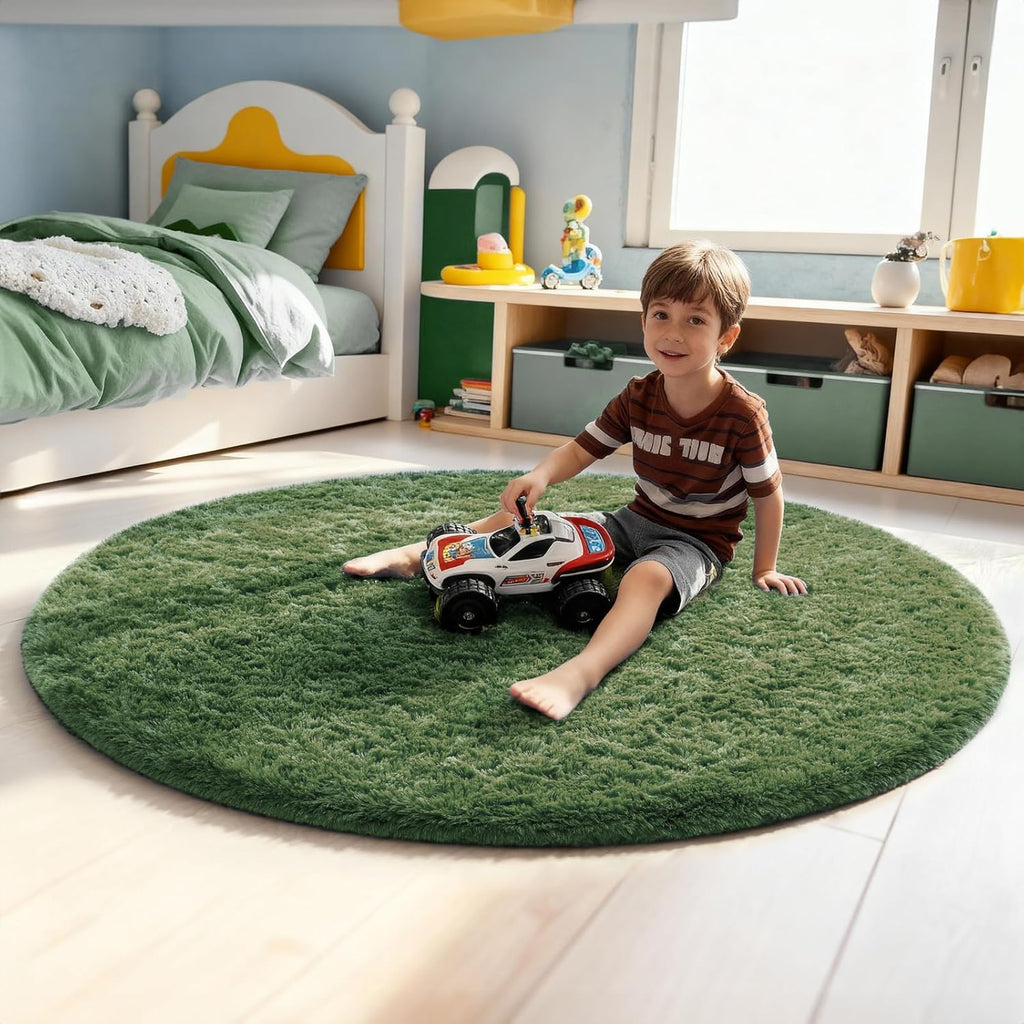 Ophanie Round Area Rug - 5Ft Grey Green Circle Design | Plush Soft Shaggy Carpet for Kids' Rooms