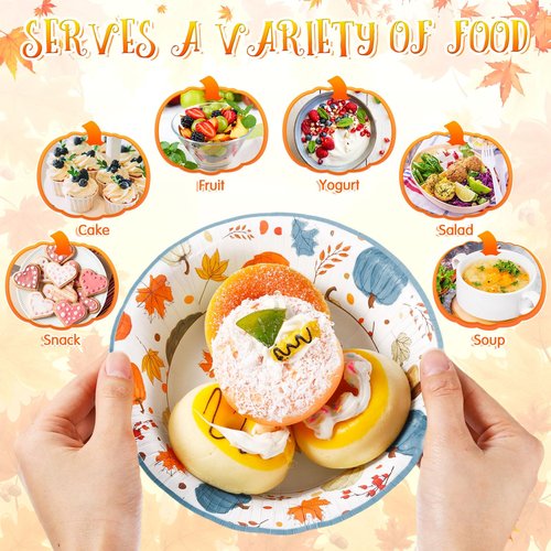 Sliner 100 Pcs 16 oz Thanksgiving Paper Bowl Pumpkin Autumn Maple Leaves Disposable Fall Thanksgiving Soup Bowl for Holiday Party Snack Dessert Salad Milk Cereal Serving Catering Event Supplies