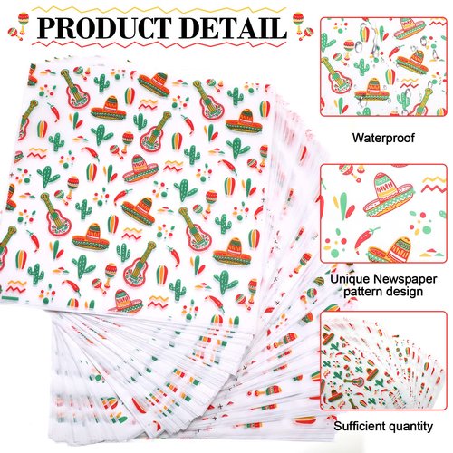 Epakh 300 Pcs Mexican Themed Deli Paper Sheets 12" x 12" Fun Style Tissue Greaseproof Microwave Safe Sandwich Wrapping Paper Food Waxed Baking Wrapping Packaging for Restaurant Burrito (White)