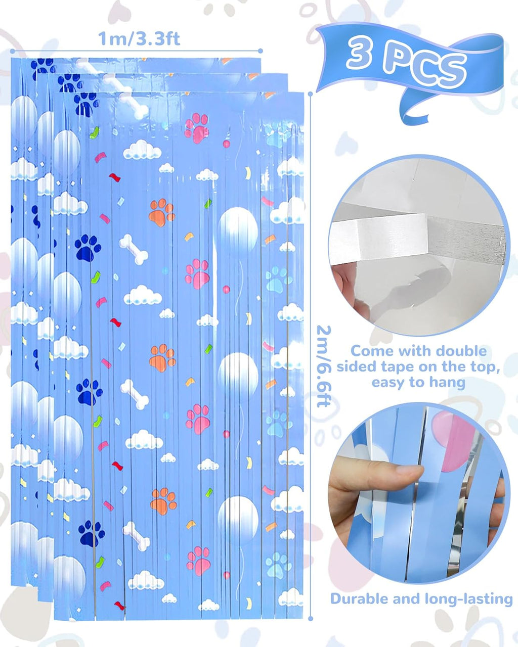 Paw Birthday Decorations - Blue Dog Theme Party Supplies | 3 Pack Tinsel Foil Fringe Curtains & Photo Booth Props