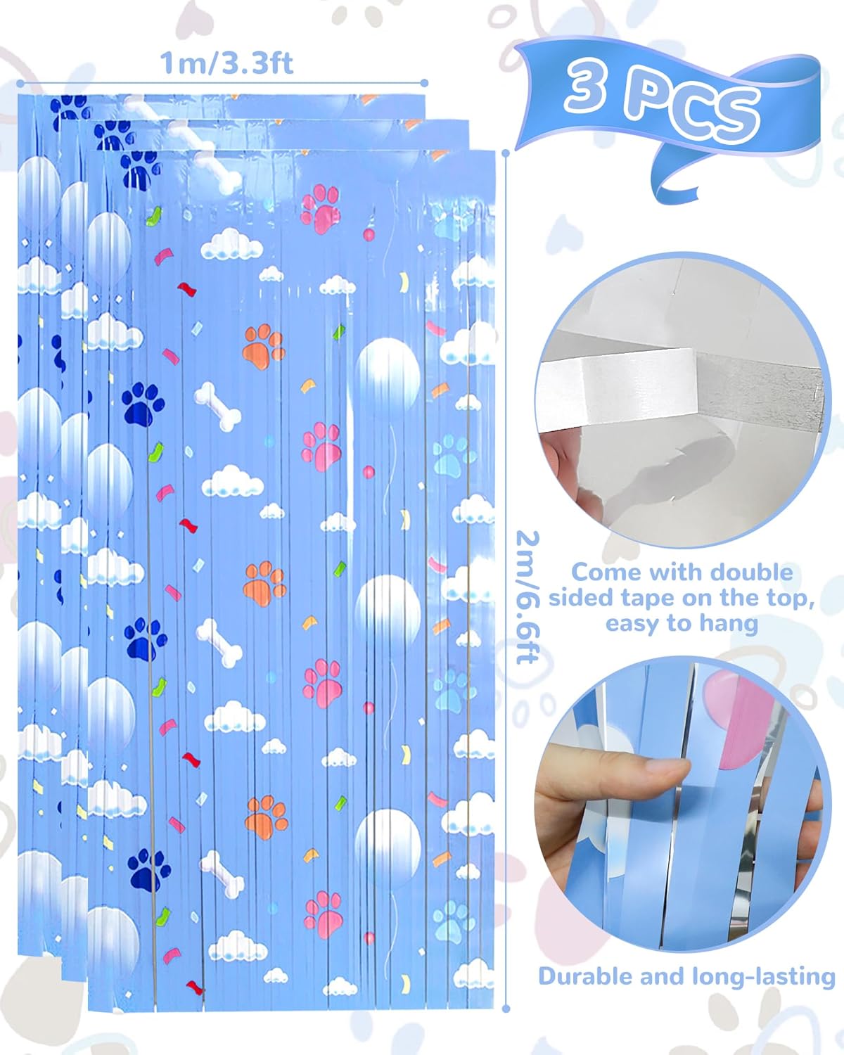 Paw Birthday Decorations - Blue Dog Theme Party Supplies | 3 Pack Tinsel Foil Fringe Curtains & Photo Booth Props