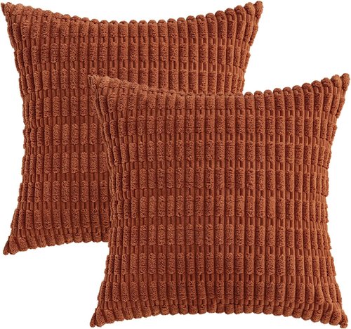 MIULEE Decorative Pillow Covers - Pack of 2 Dark Rust Corduroy | 18x18 Inch Soft Boho Striped Design for Modern Farmhouse Decor