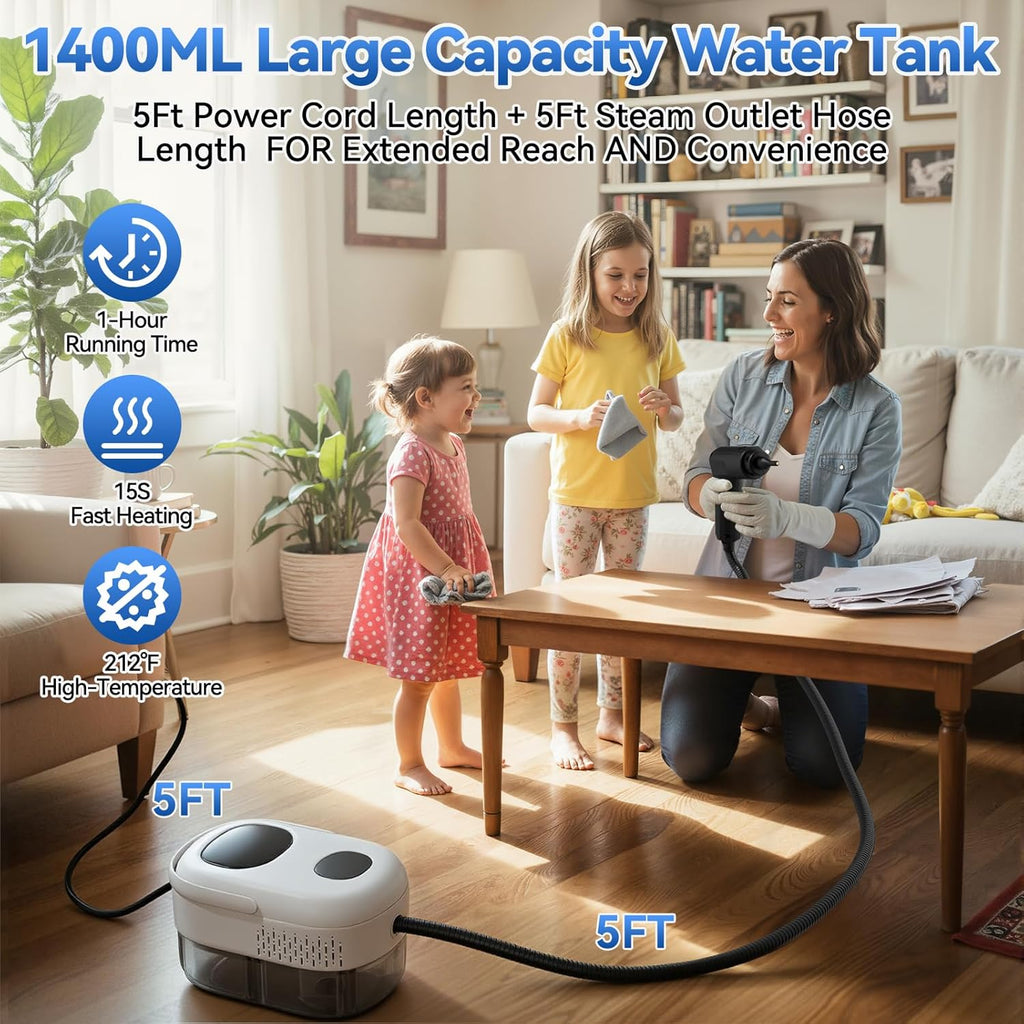 Skiennix Steam Cleaner - 2500W High-Pressure Portable Steamer with 1.4L Tank & 14 Accessories | Fast Heat-Up in 15s
