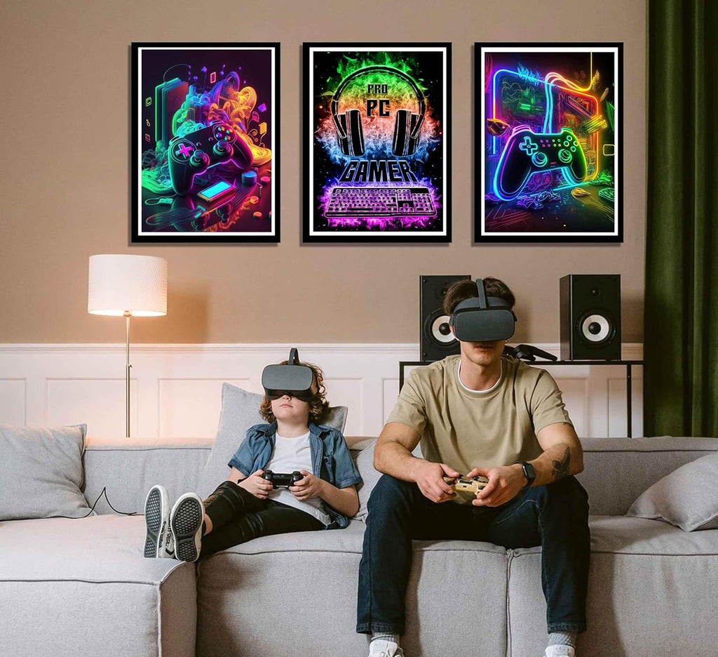Skiennix Retro Video Gamer Wall Art - Colorful Neon Canvas Prints | 3-Piece Set for Boys' Room (16x24in)