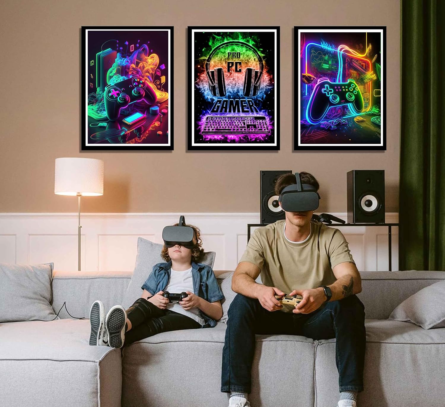 Skiennix Retro Video Gamer Wall Art - Colorful Neon Canvas Prints | 3-Piece Set for Boys' Room (16x24in)
