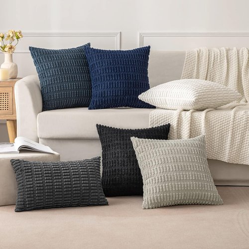 MIULEE Corduroy Throw Pillow Covers - Soft Boho Striped Design | 18x18 Inch Dark Grey for Modern Home Decor