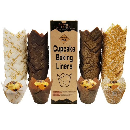 Bake Choice Nordic Paper 200pcs Tulip Cupcake Liners for baking cups with four fancy designs EU Parchment paper Standard Size Tulip Muffin liners, Cupcake Wrappers for Party, Wedding, Birthday