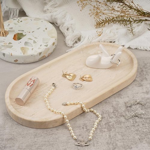 Koville Italian Travertine Tray - Elegant 12"x6" Marble Vanity Catchall for Perfume, Candles, Jewelry