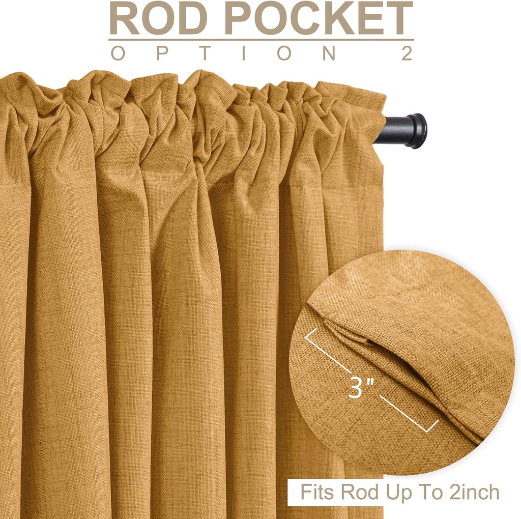 Skiennix 100% Blackout Linen Curtains - Thermal Insulated Drapes | 50" W x 108" L, Mustard Yellow, 2 Panels Set