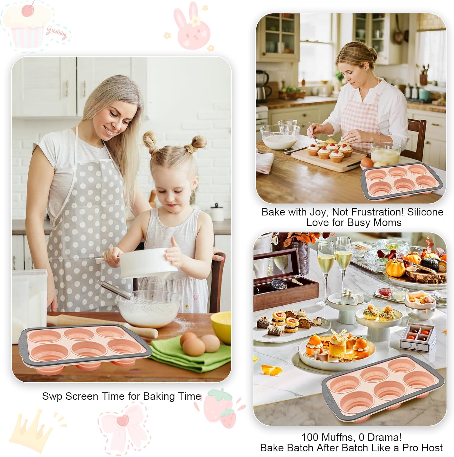 Skiennix Silicone Muffin Pan - Nonstick 6-Cup Baking Molds with Metal Frame | BPA Free & Dishwasher Safe, Pink