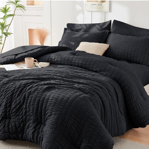 HYMOKEGE King Size Comforter Set - 7-Piece All-Season Luxury Bedding in Black with Sheets & Pillowcases
