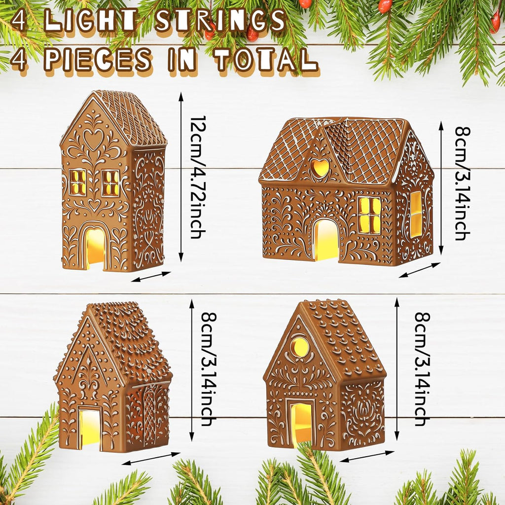 Thyle Christmas Lighted Gingerbread House Figurine - 4 Pcs Resin Village Decor with LED Lights