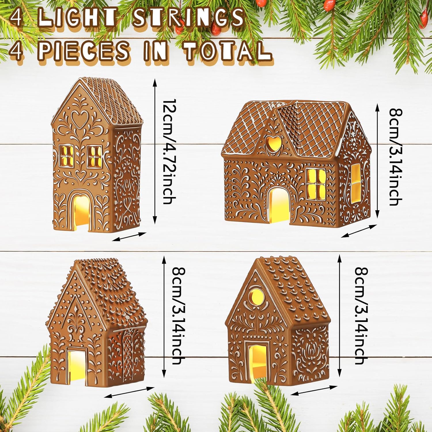 Thyle Christmas Lighted Gingerbread House Figurine - 4 Pcs Resin Village Decor with LED Lights