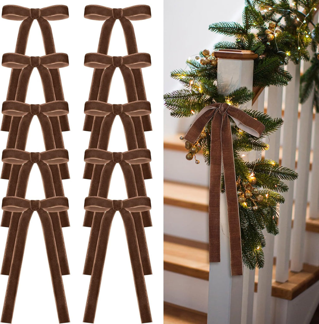 Skiennix 24 Pcs Velvet Bows - Vintage Ribbon Bows for Christmas Tree & Crafts | Brown, 9 x 13 Inch