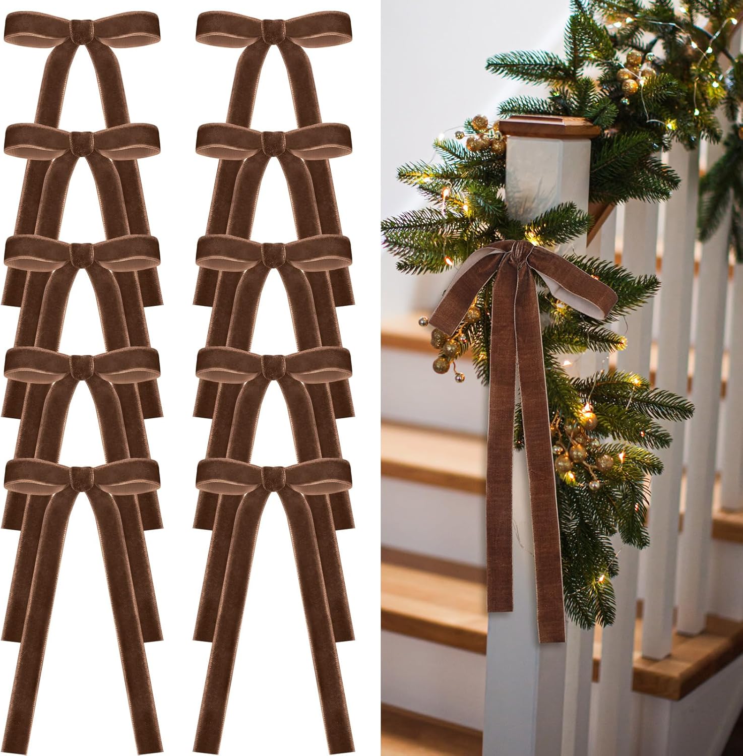 Skiennix 24 Pcs Velvet Bows - Vintage Ribbon Bows for Christmas Tree & Crafts | Brown, 9 x 13 Inch