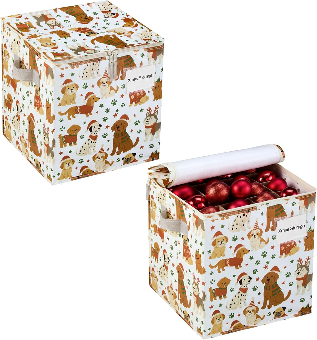 VENO Christmas Ornament Storage Box - 2 Pack for 64 Ornaments | Adjustable Dividers & Zippered Top - Holiday Pups Design