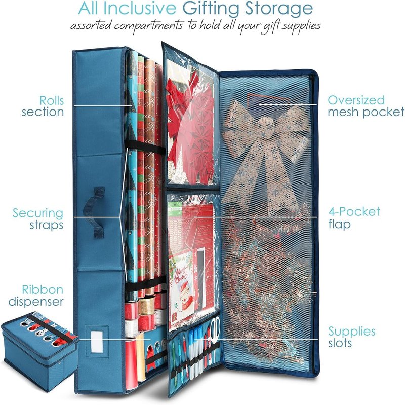 Hearth & Harbor Christmas Tree Storage Bag 7.5 ft, Wrapping Paper Storage Organizer Container & Large Christmas Ornament Storage Box With Adjustable Dividers