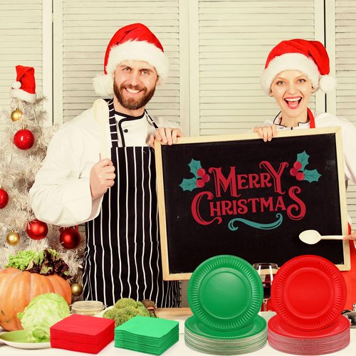 Layhit Christmas Plates and Napkins Red Green Christmas Party Supplies Set Disposable Paper Dessert Plates and Napkins for Party(400 Pcs)