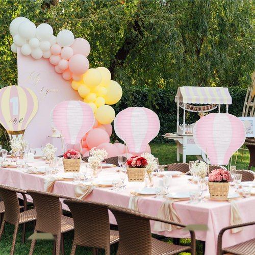 Meooeck 8 Sets Hot Air Balloons Baby Shower Table Decorations Centerpieces 11.8'' Paper Lanterns with Baskets Sticks for Gender Reveal Birthday Wedding Graduation Party (Pink)