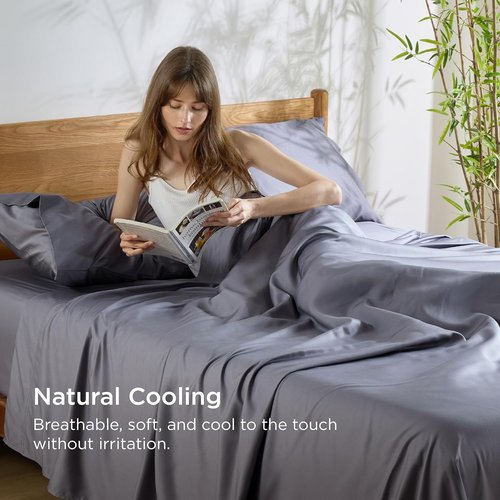 Bedsure California King Sheet Sets - Cooling Rayon Bamboo Sheets | Breathable, Soft & Deep Pocket, Dark Grey