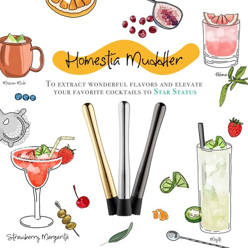 Homestia Gold Muddler for Cocktails - 10 Inch Professional Stainless Steel Muddler - Durable Cocktail Muddler Drink Smasher & Mojito Muddler - Wine Accessories Ideal Valentines Day Gifts for Him