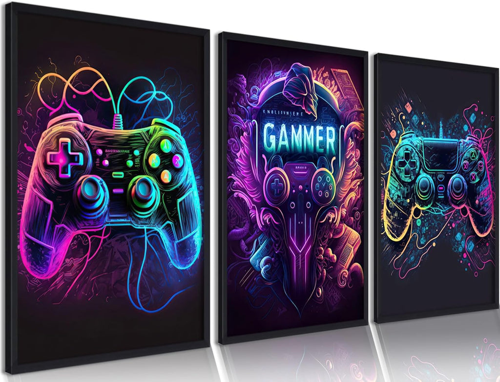 Riveda Gaming Wall Art - Colorful Neon Gamepad Canvas Prints for Boys' Room | Unframed 16"x24" (3pcs)