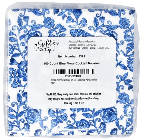 Gift Boutique 100 Blue Floral Cocktail Beverage Napkins Disposable Paper Spring Blue Flowers Dessert Napkin for Spring Flower Wedding Holiday Bridal & Baby Shower Tableware Party Supplies