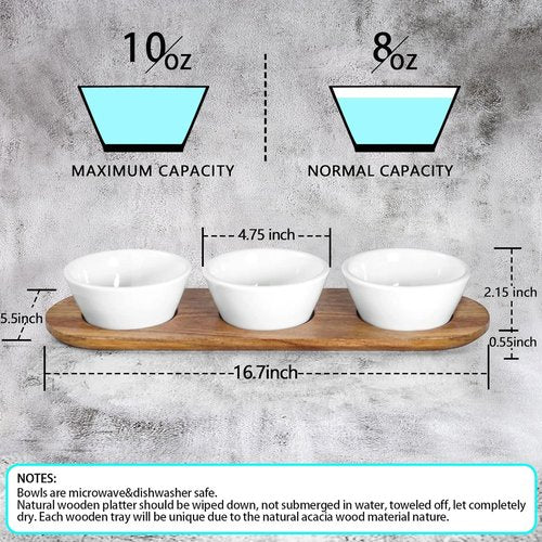 Artena 10oz Ultra-Fine Porcelain Chips and Dip Serving Platter - Acacia Wooden Tray & 4.75" Bowls